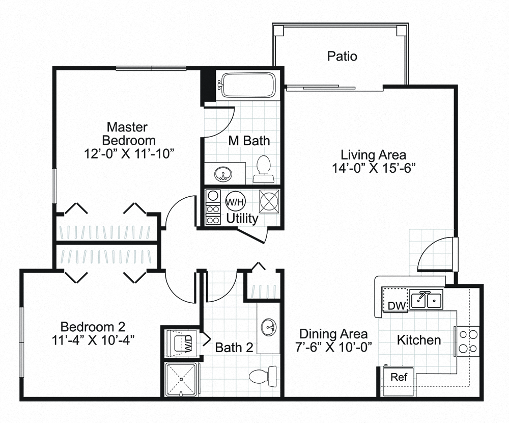 Floor plan for 2 beds, 2 baths, 897 sqft